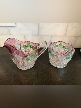 Vintage Pink and Green Pressed Glass Creamer and Sugar Set